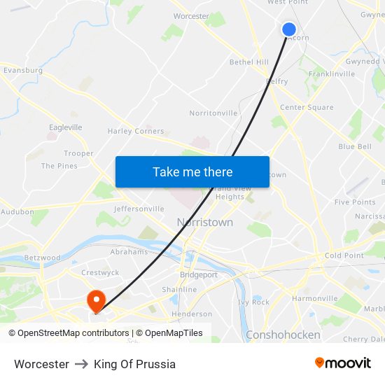 Worcester to King Of Prussia map