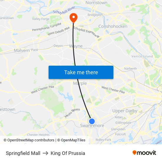 Springfield Mall to King Of Prussia map