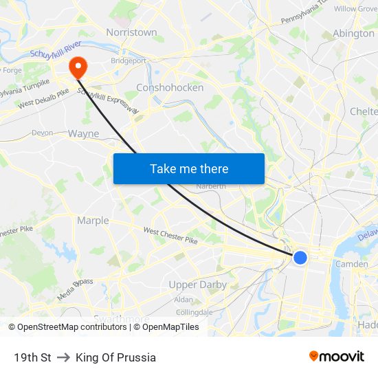 19th St to King Of Prussia map