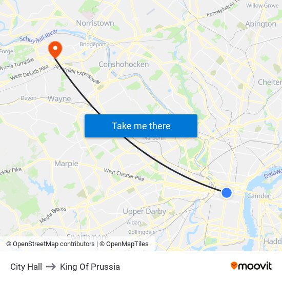 City Hall to King Of Prussia map