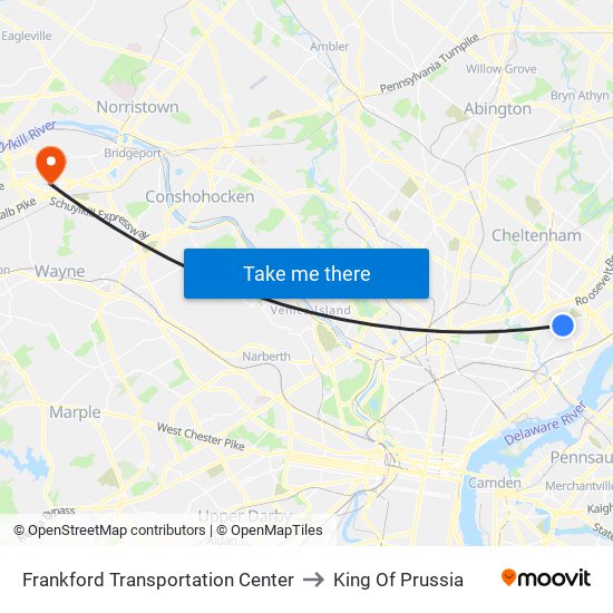 Frankford Transportation Center to King Of Prussia map