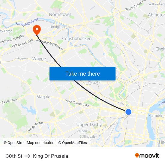 30th St to King Of Prussia map