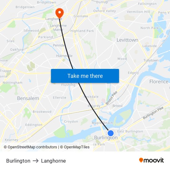 Burlington to Langhorne map