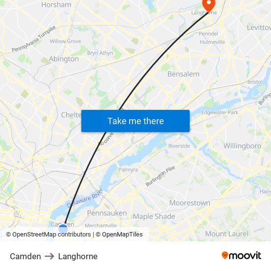 Camden to Langhorne map