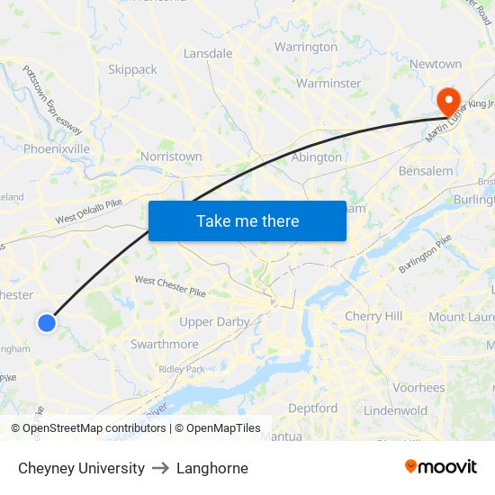 Cheyney University to Langhorne map