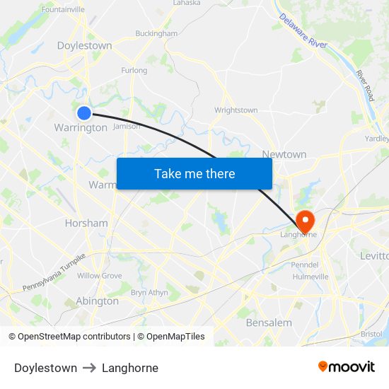 Doylestown to Langhorne map