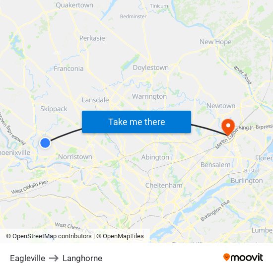 Eagleville to Langhorne map