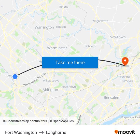 Fort Washington to Langhorne map