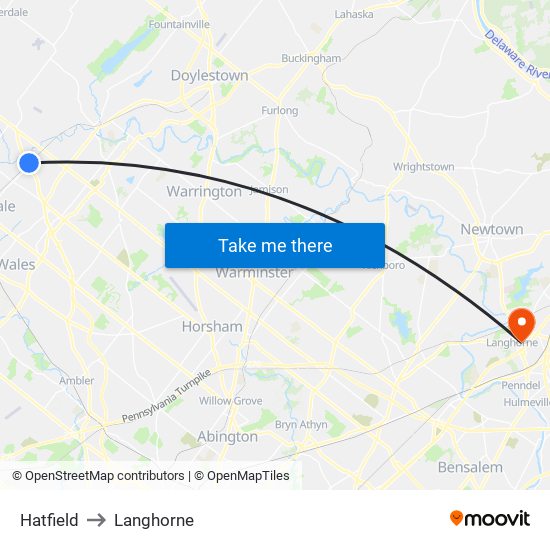 Hatfield to Langhorne map