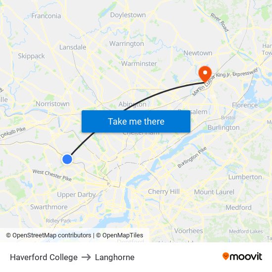 Haverford College to Langhorne map