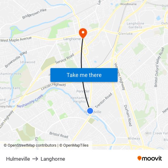 Hulmeville to Langhorne map