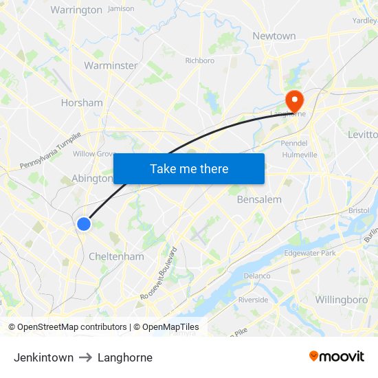 Jenkintown to Langhorne map