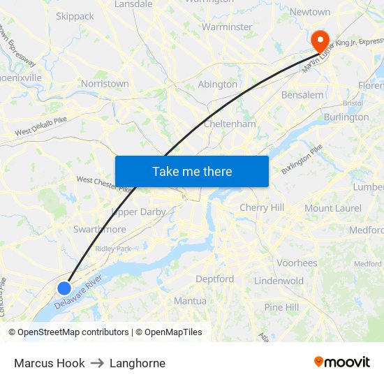 Marcus Hook to Langhorne map