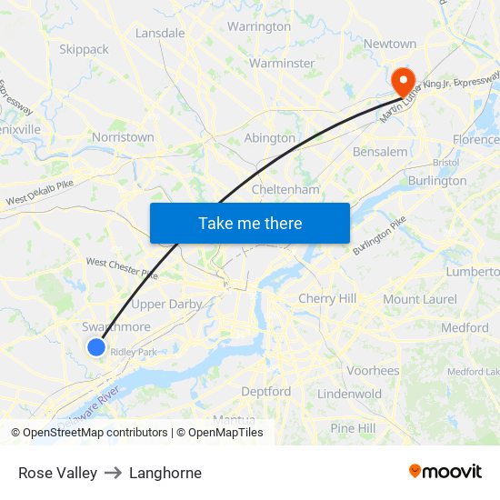 Rose Valley to Langhorne map