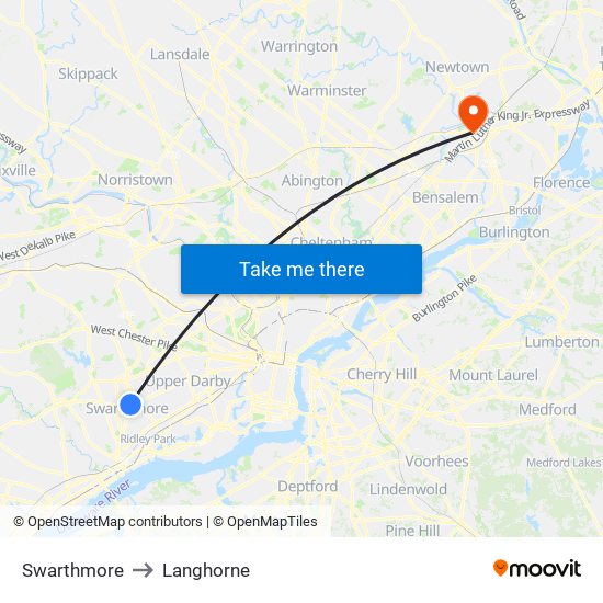 Swarthmore to Langhorne map