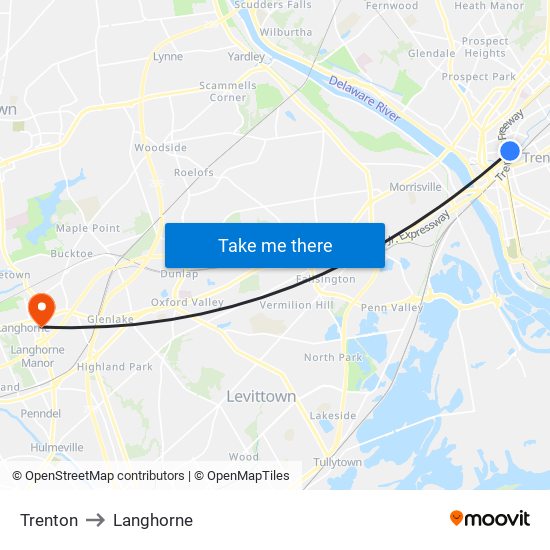 Trenton to Langhorne map