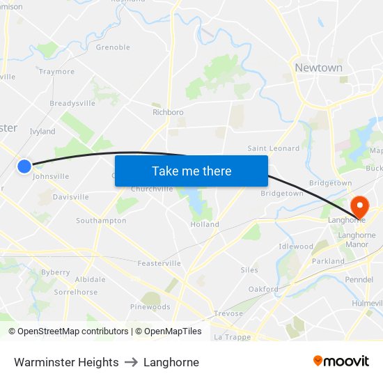 Warminster Heights to Langhorne map