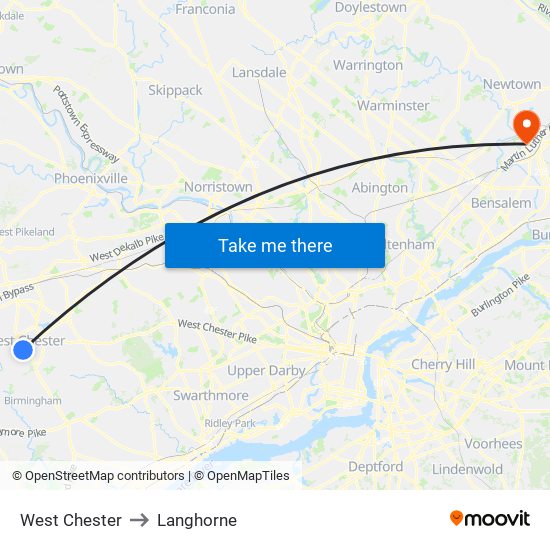 West Chester to Langhorne map