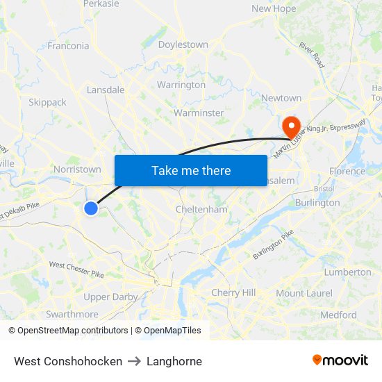 West Conshohocken to Langhorne map