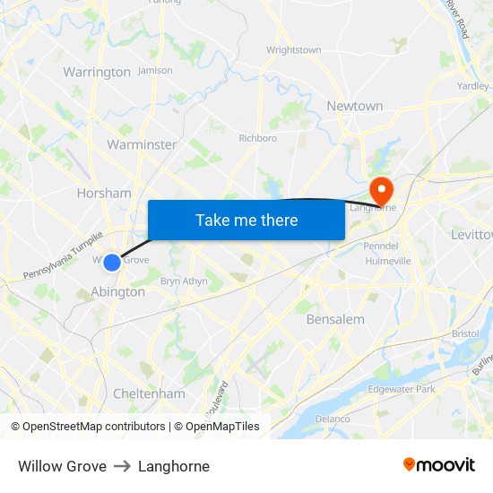Willow Grove to Langhorne map