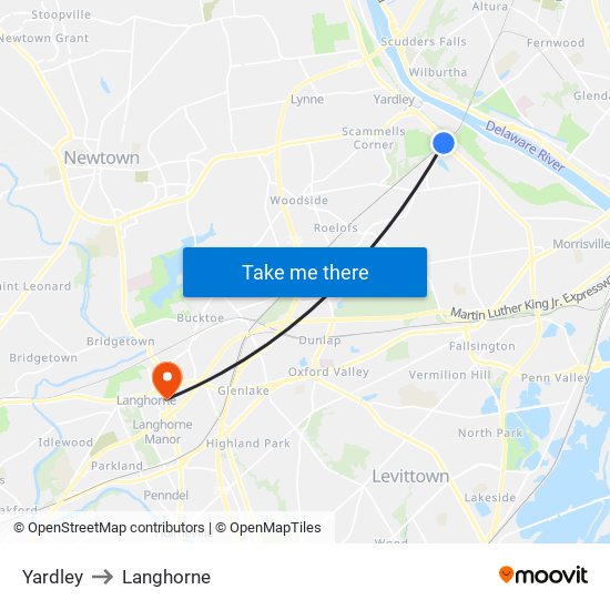 Yardley to Langhorne map