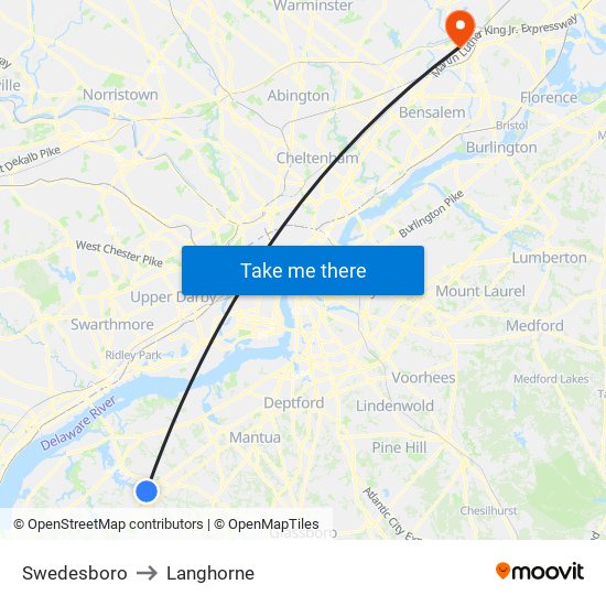 Swedesboro to Langhorne map