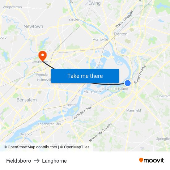 Fieldsboro to Langhorne map