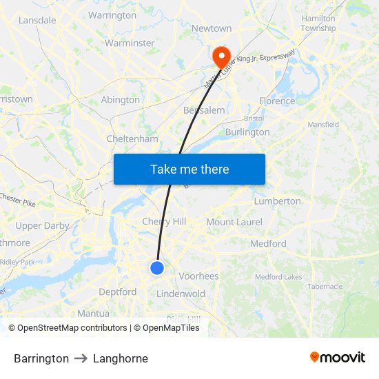 Barrington to Langhorne map