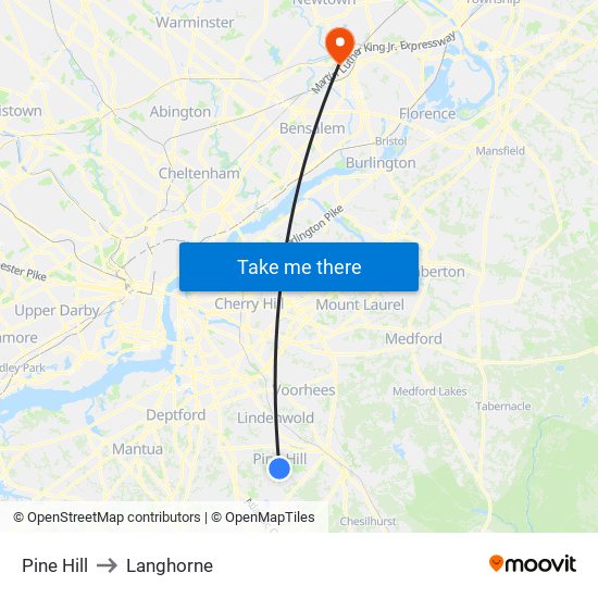 Pine Hill to Langhorne map