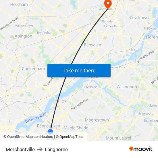 Merchantville to Langhorne map