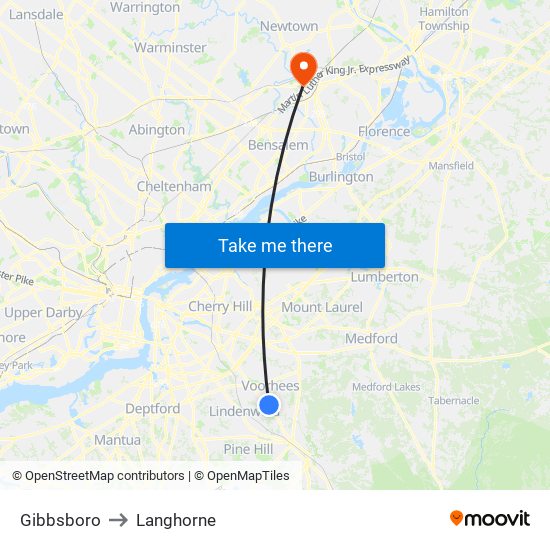 Gibbsboro to Langhorne map