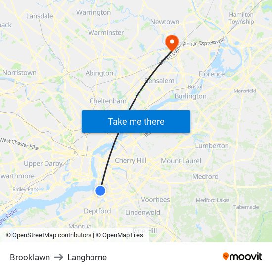 Brooklawn to Langhorne map