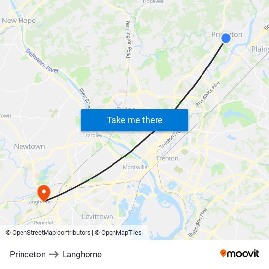 Princeton to Langhorne map