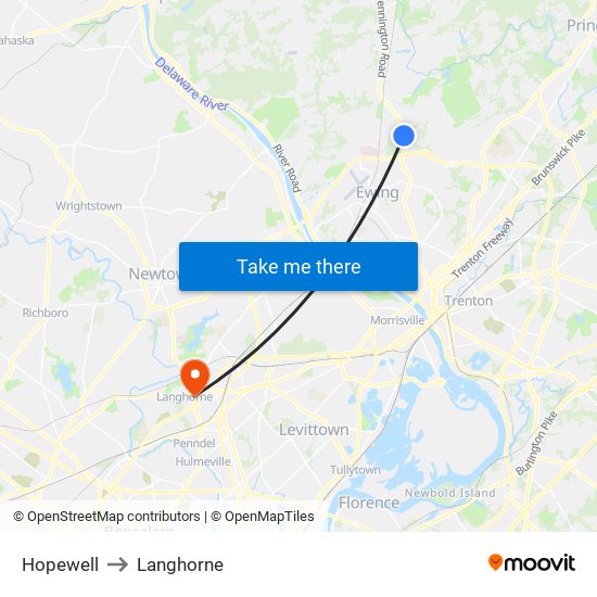 Hopewell to Langhorne map