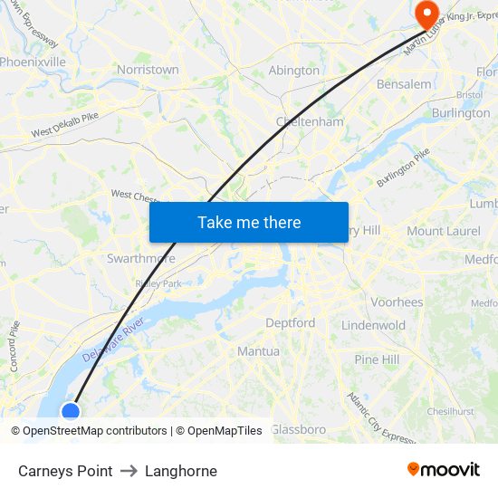 Carneys Point to Langhorne map
