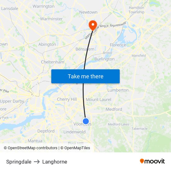 Springdale to Langhorne map