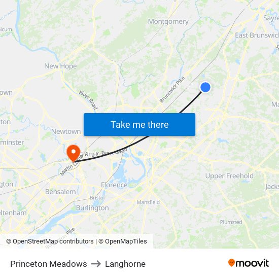 Princeton Meadows to Langhorne map