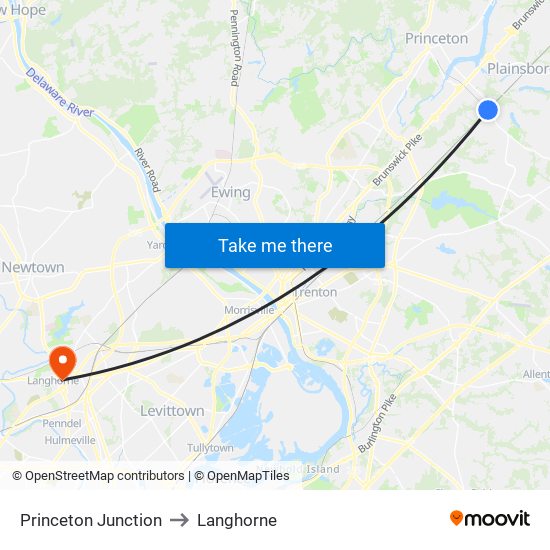 Princeton Junction to Langhorne map