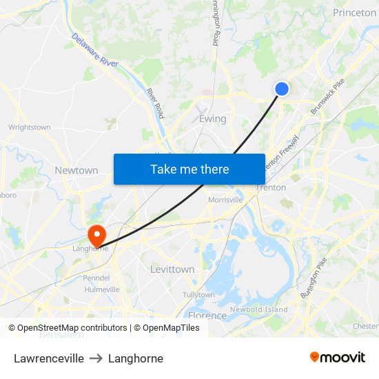 Lawrenceville to Langhorne map
