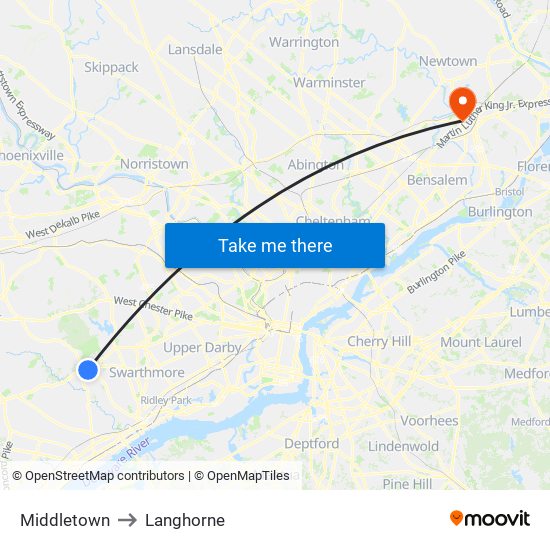 Middletown to Langhorne map