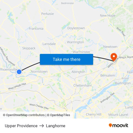 Upper Providence to Langhorne map