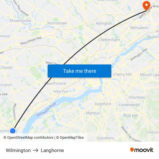 Wilmington to Langhorne map