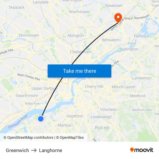 Greenwich to Langhorne map