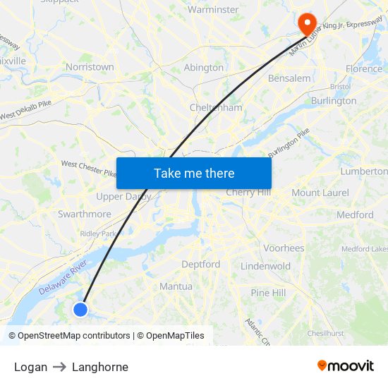 Logan to Langhorne map