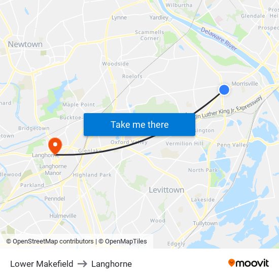 Lower Makefield to Langhorne map