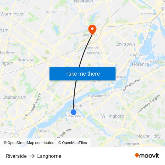 Riverside to Langhorne map