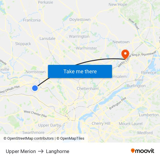 Upper Merion to Langhorne map