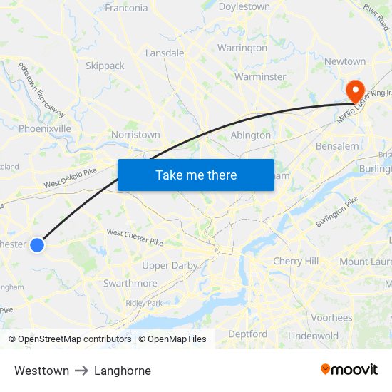 Westtown to Langhorne map