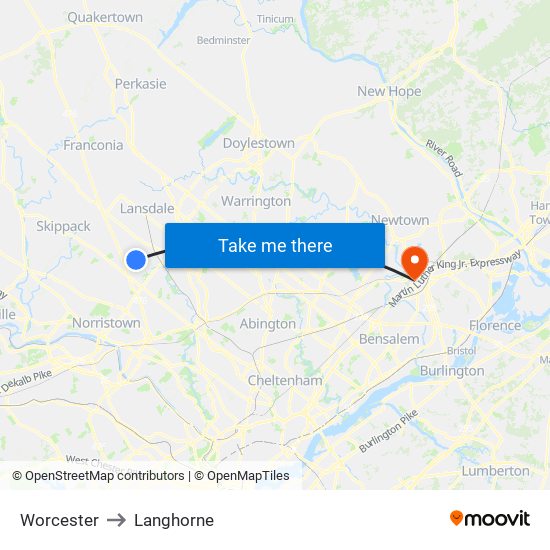 Worcester to Langhorne map