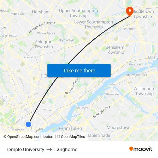 Temple University to Langhorne map